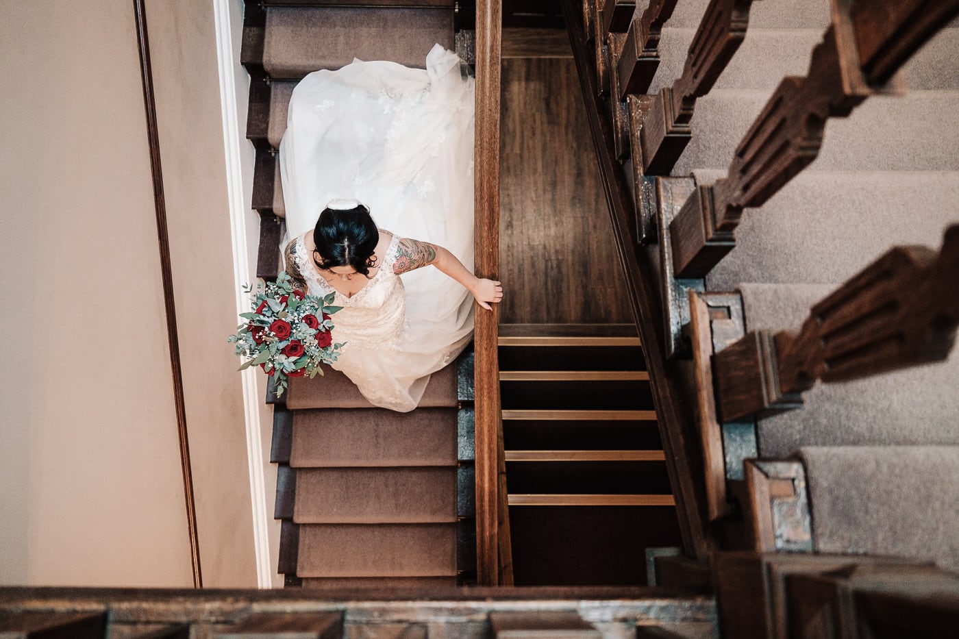 bride on the stairs at west tower wedding
